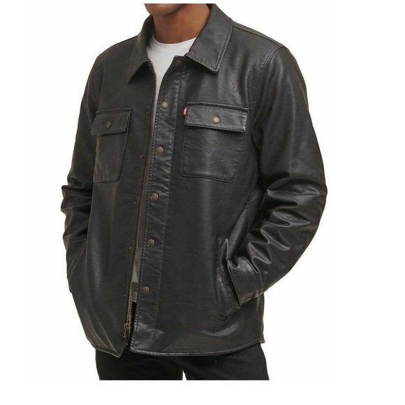 Men's Trucker Jacket Levi's Faux Leather Sherpa Lined size M NEW - Picture 2 of 8